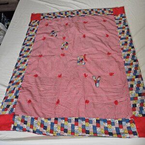 Handmade Baby Quilt Crib Red Gingham Patchwork BABY Applique Reversible 44x37